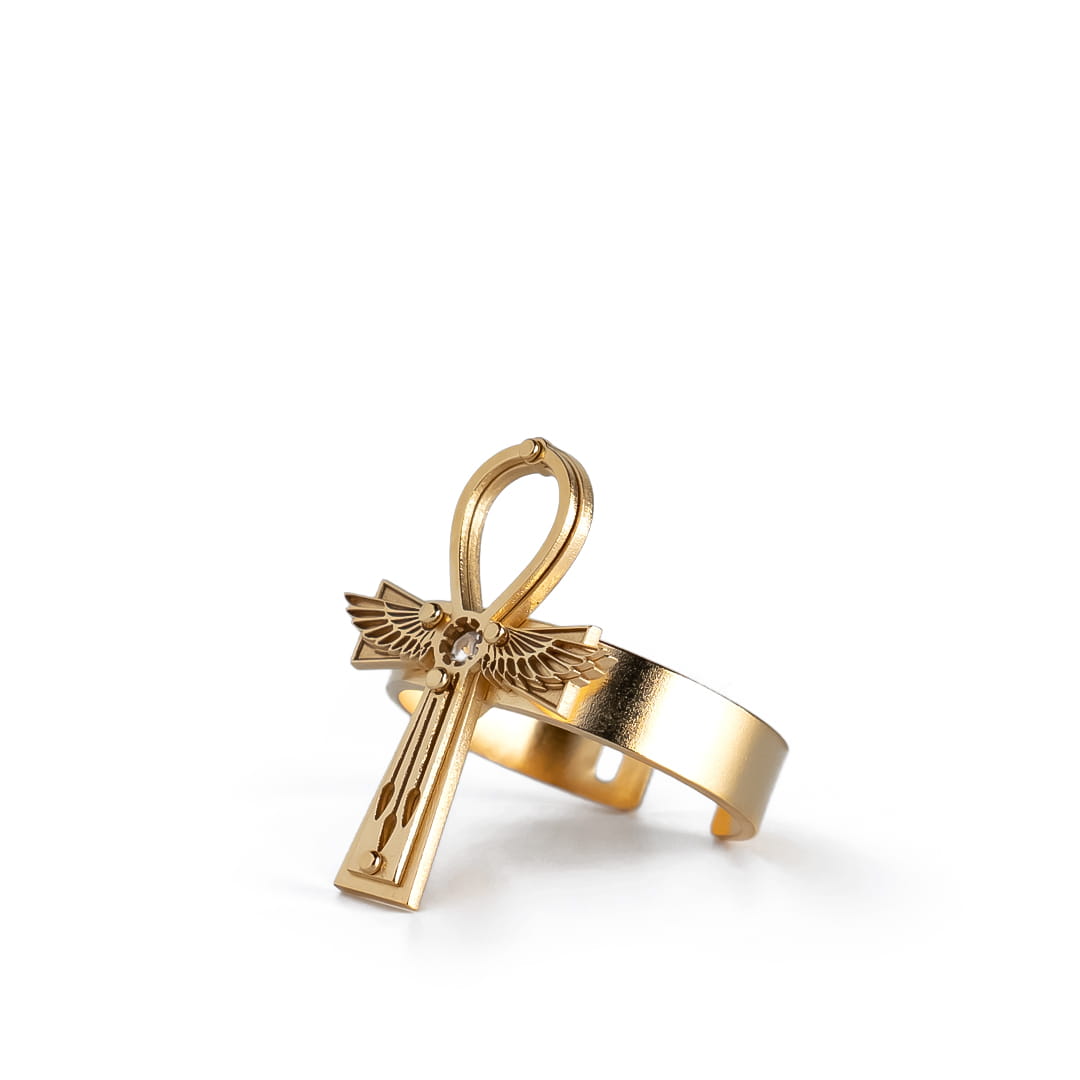 Ankh Cross Ring with Quartz Crystal