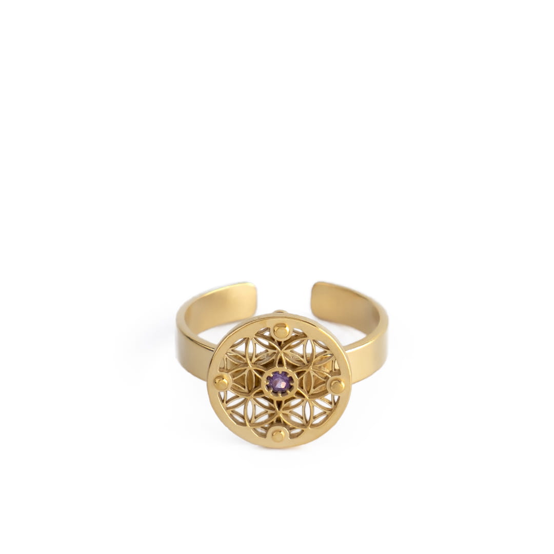 Flower of Life Ring with Amethyst